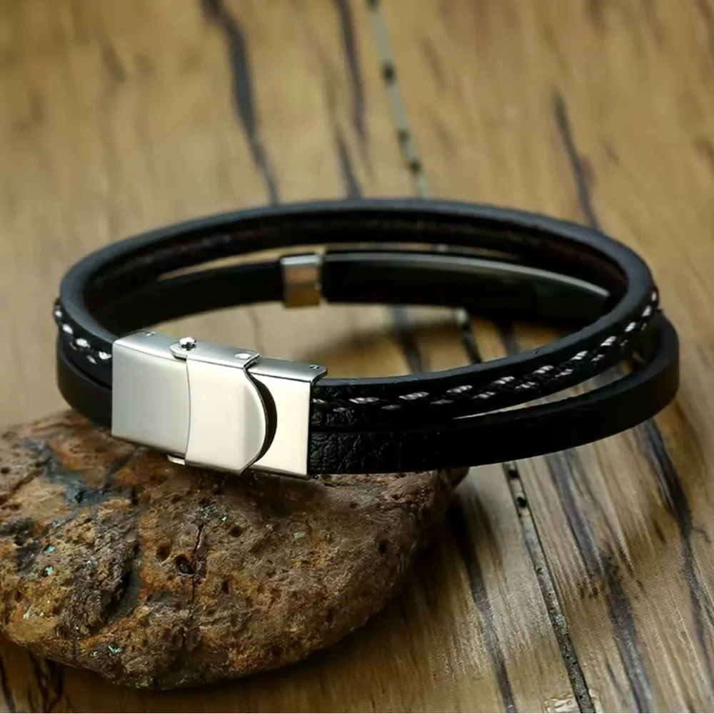 Leather Bracelets for Men Women Stainless Steel Bar Layered Bangle 8.2”